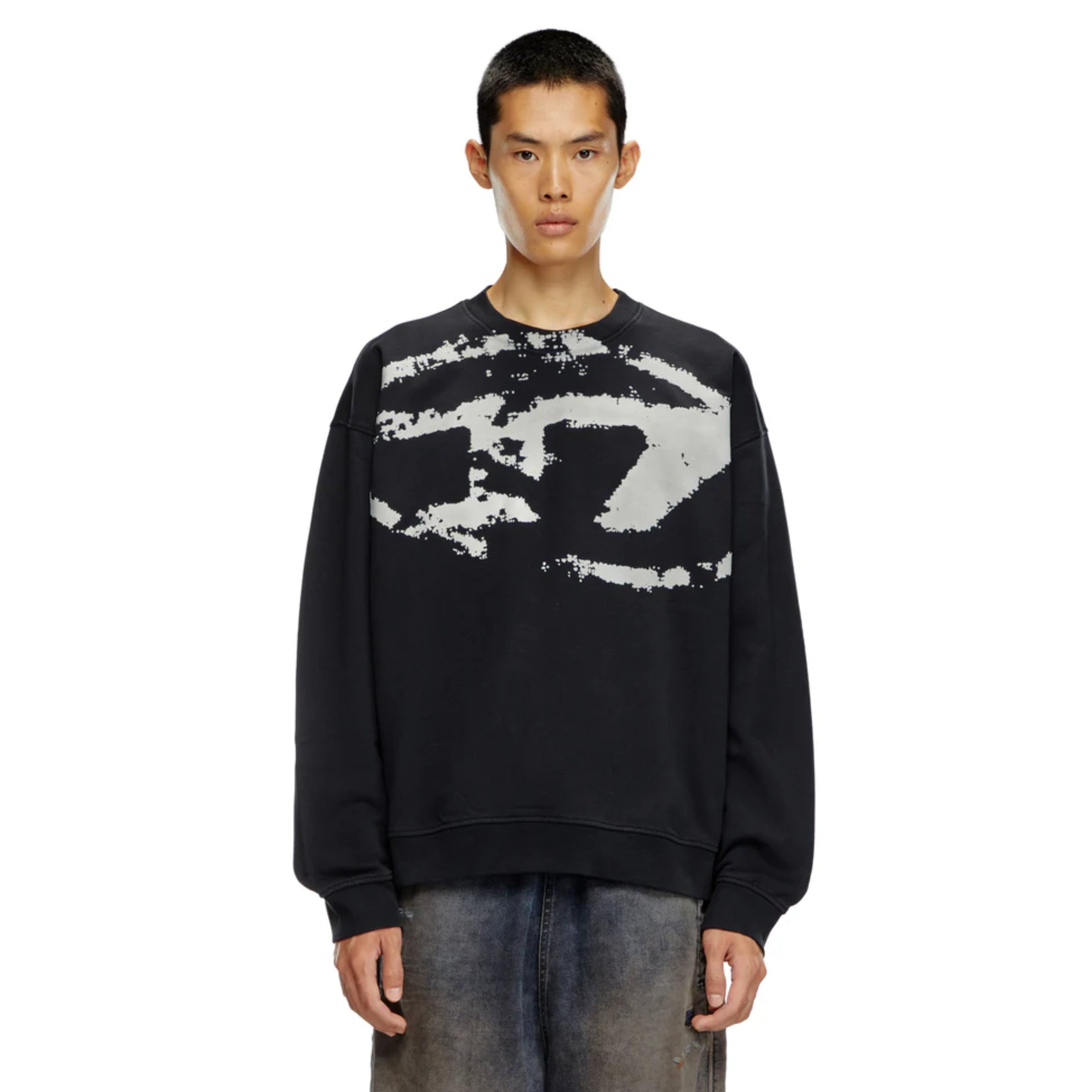Diesel Sweatshirt Crew Distressed Flocked Logo Black